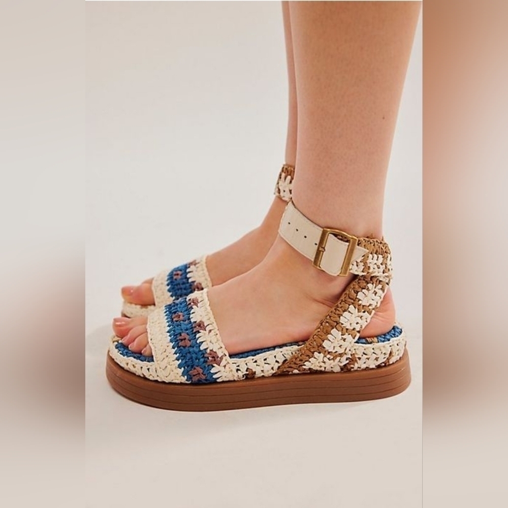 Free People Crochet Platform Sandals in Cream, Blue & Tan